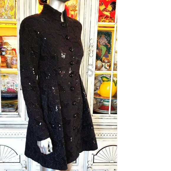 Vintage Betsey Johnson Black Peacoat Embroidered Sequin Dress Coat Jacket S 2 - Picture 5 of 16